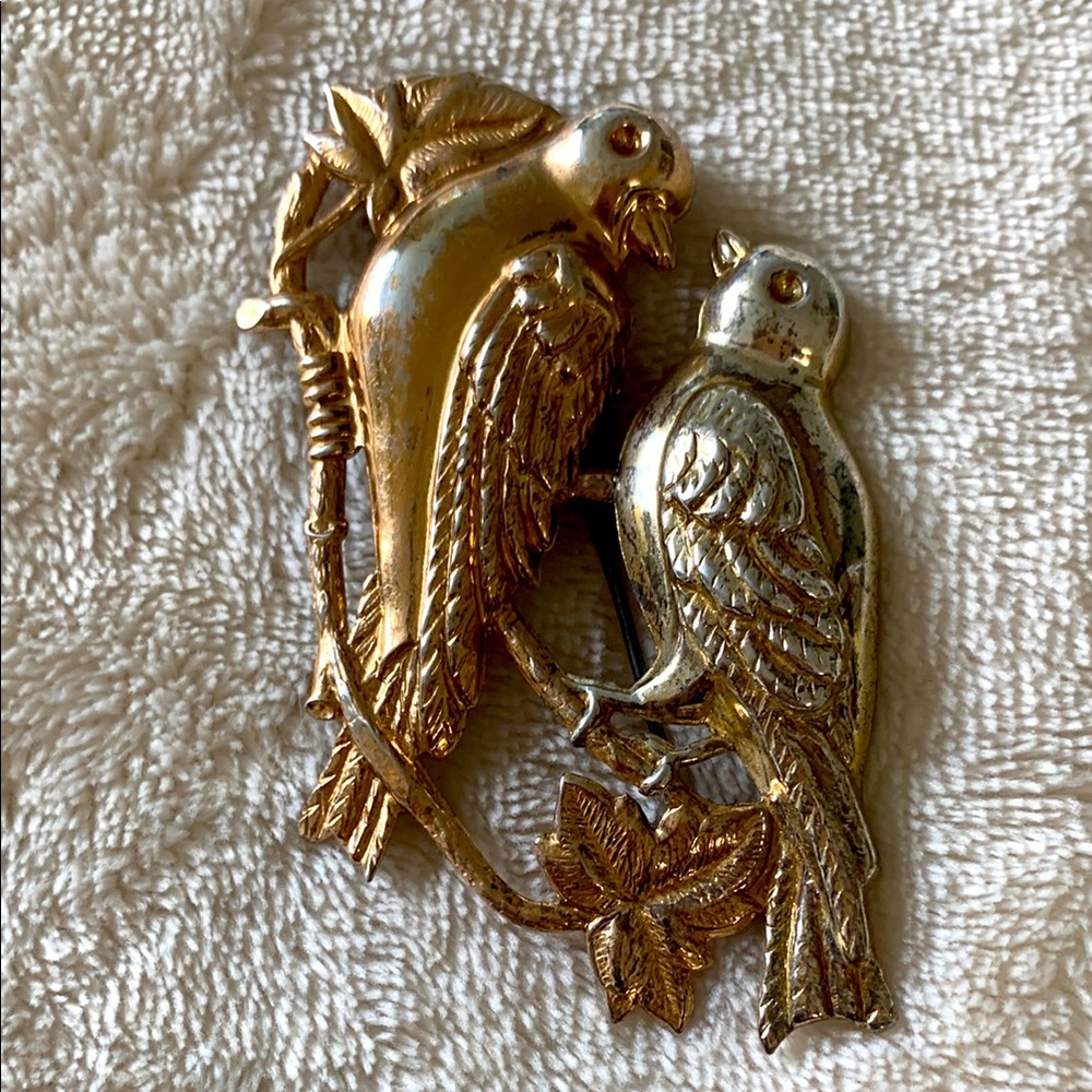 Vintage Gold and Silver Bird Pin with Intricate Feather and Leaf Details